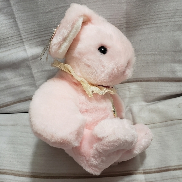 Gund Pink Bunny Rabbit Plush Tubbi Bunn 7" Year 1990 Lace Collar Blue Eyes Vtg - Picture 2 of 10